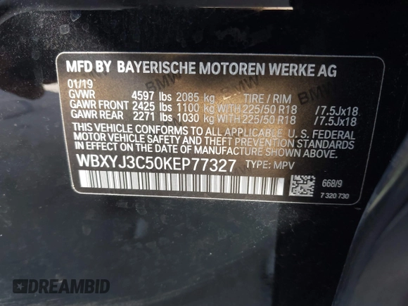 2019 BMW X2 sDrive28i with VIN WBXYJ3C50KEP77327, listed as a IAAI auction lot 40922194 with 94,672 mi miles. Bid and sale history available at carsss.com. Image 9.