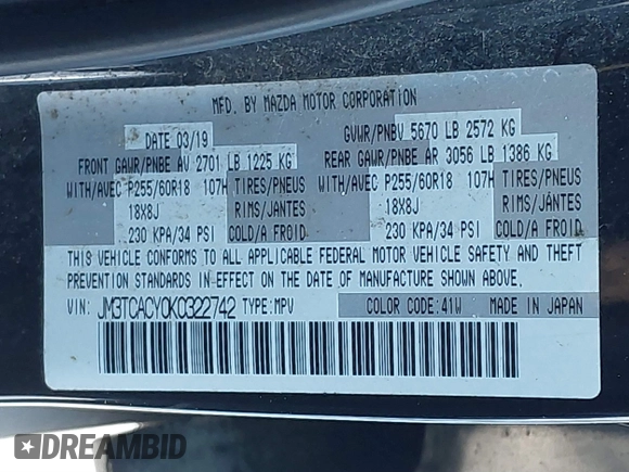 2019 Mazda CX-9 Touring with VIN JM3TCACY0K0322742, listed as a IAAI auction lot 41617659 with 122,041 mi miles. Bid and sale history available at carsss.com. Image 9.