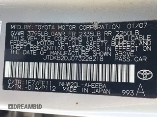2007 Toyota Prius with VIN JTDKB20U073228218, listed as a IAAI auction lot 42677471 with 243,239 mi miles and . Bid and sale history available at DreamBid. Image 9.