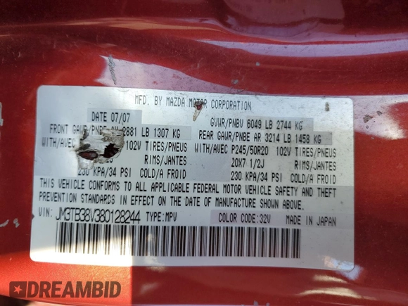 2008 Mazda CX-9 Grand Touring with VIN JM3TB38V380128244, listed as a Copart auction lot 64615905 with 248,351 mi miles and Salvage title. Bid and sale history available at DreamBid. Image 12.