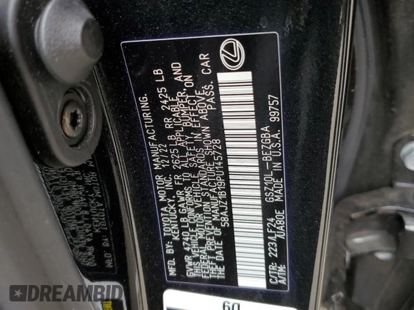 2023 Lexus ES 350 F Sport z VIN 58AJZ1B19PU145728, wystawiony jako Copart lot #80336054 z przebiegiem 48 281 mil mil oraz Szkoda całkowita • Salvage title. Historia ofert i sprzedaży dostępna na DreamBid. Obrazek 13.