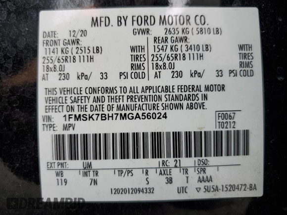 2021 Ford Explorer с VIN 1FMSK7BH7MGA56024, выставлен на аукционе Copart как лот 54988175 с пробегом 98 887 миль миль и Списание • Salvage title. История ставок и продаж доступна на DreamBid. Изображение 14.