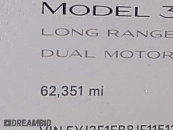 2018 Tesla Model 3 Long Range Battery with VIN 5YJ3E1EB8JF115138, listed as a IAAI auction lot 41343399 with 62,351 mi miles and . Bid and sale history available at DreamBid. Image 16.