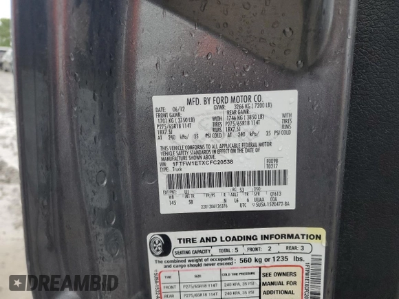 2012 Ford F-150 XL with VIN 1FTFW1ETXCFC20538, listed as a Copart auction lot 58801535 with 204,724 mi miles and Salvage title. Bid and sale history available at DreamBid. Image 12.