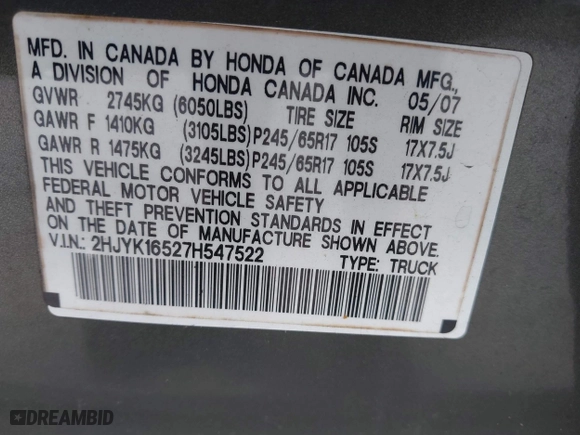 2007 Honda Ridgeline RTL w/Leather with VIN 2HJYK16527H547522, listed as a IAAI auction lot 41939603 with 127,899 mi miles. Bid and sale history available at carsss.com. Image 9.