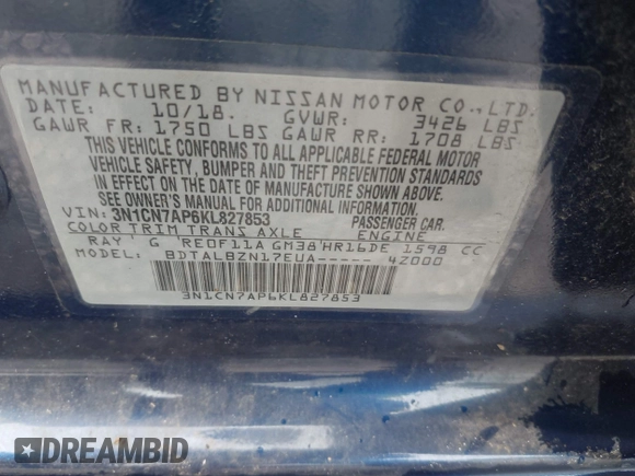 2019 Nissan Versa SV z VIN 3N1CN7AP6KL827853, wystawiony jako IAAI lot #42297286 z przebiegiem 78 165 mil mil oraz . Historia ofert i sprzedaży dostępna na DreamBid. Obrazek 9.