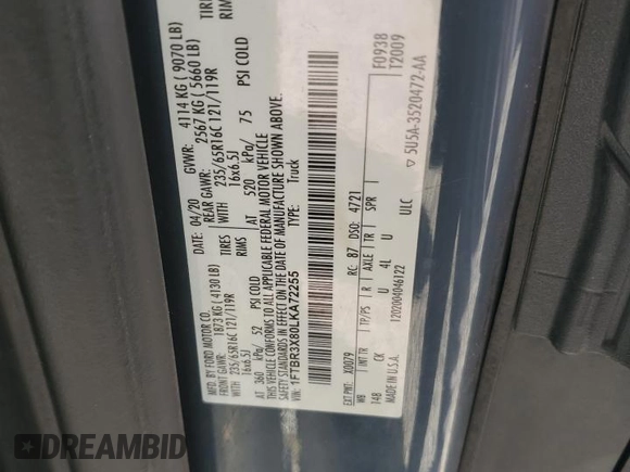 2020 Ford Transit Cargo with VIN 1FTBR3X80LKA72255, listed as a Copart auction lot 57000205 with 66,431 mi miles and Salvage Title. Bid and sale history available at DreamBid. Image 14.