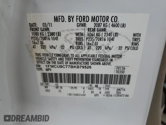 2011 Ford Escape XLS with VIN 1FMCU9C77BKB79526, listed as a Copart auction lot 54004025 with 180,554 mi miles and Clean title. Bid and sale history available at DreamBid. Image 14.