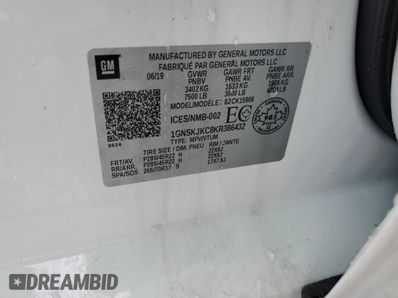 2019 Chevrolet Suburban Premier with VIN 1GNSKJKC8KR386432, listed as a Copart auction lot 46705655 with 79,814 mi miles and Salvage Title. Bid and sale history available at DreamBid. Image 13.