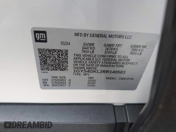 2024 Cadillac Escalade 4WD Sport Platinum with VIN 1GYS4GKL2RR140583, listed as a IAAI auction lot 42497577 with 9,887 mi miles and . Bid and sale history available at DreamBid. Image 9.