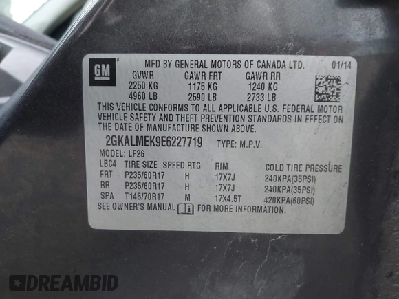 2014 GMC Terrain SLE with VIN 2GKALMEK9E6227719, listed as a IAAI auction lot 41946122 with 156,389 mi miles. Bid and sale history available at carsss.com. Image 9.
