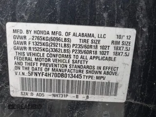 2013 Honda Pilot EX-L z VIN 5FNYF4H70DB013445, wystawiony jako IAAI lot #41510836 z przebiegiem 292 896 mil mil oraz . Historia ofert i sprzedaży dostępna na DreamBid. Obrazek 9.