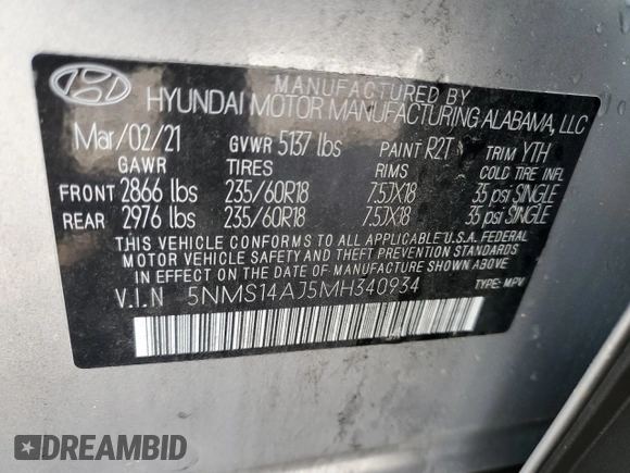 2021 Hyundai Santa Fe SE z VIN 5NMS14AJ5MH340934, wystawiony jako Copart lot #51442045 z przebiegiem 52 323 mil mil oraz Szkoda całkowita • Salvage title. Historia ofert i sprzedaży dostępna na DreamBid. Obrazek 13.
