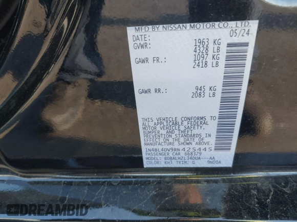 2024 Nissan Altima SV z VIN 1N4BL4DV9RN425445, wystawiony jako IAAI lot #42141167 z przebiegiem 15 730 mil mil oraz . Historia ofert i sprzedaży dostępna na DreamBid. Obrazek 9.