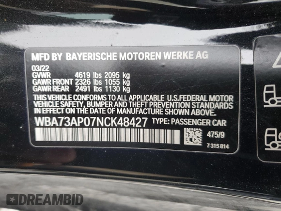 2022 BMW 4 Series 430i xDrive with VIN WBA73AP07NCK48427, listed as a Copart auction lot 86302794 with 46,006 mi miles and Salvage Title. Bid and sale history available at DreamBid. Image 12.