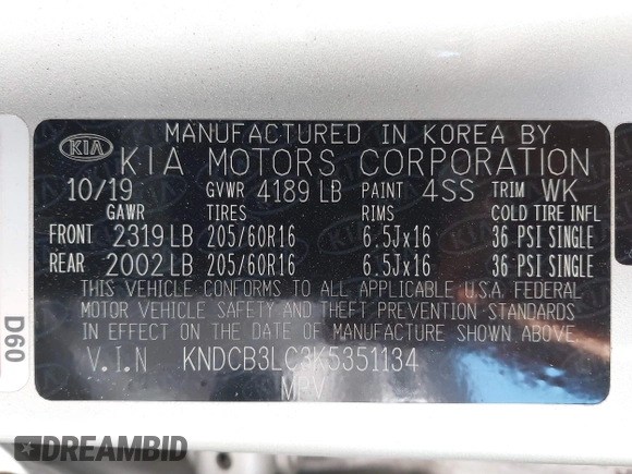 2019 Kia Niro LX with VIN KNDCB3LC3K5351134, listed as a IAAI auction lot 41364375 with 113,883 mi miles. Bid and sale history available at carsss.com. Image 9.