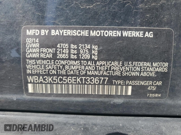 2014 BMW 3 Series 328d xDrive with VIN WBA3K5C56EKT33677, listed as a Copart auction lot 70003954 with 202,448 mi miles and Salvage title. Bid and sale history available at DreamBid. Image 14.