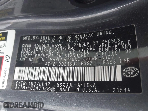 2011 Toyota Avalon with VIN 4T1BK3DB1BU426397, listed as a IAAI auction lot 41924264 with 65,811 mi miles and . Bid and sale history available at DreamBid. Image 9.