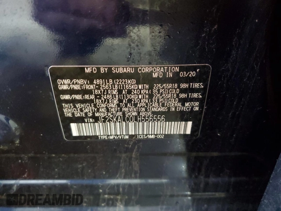 2020 Subaru Forester Special Sports with VIN JF2SKALC0LH556556, listed as a Copart auction lot 58567225 with 70,612 mi miles and Salvage title. Bid and sale history available at DreamBid. Image 13.