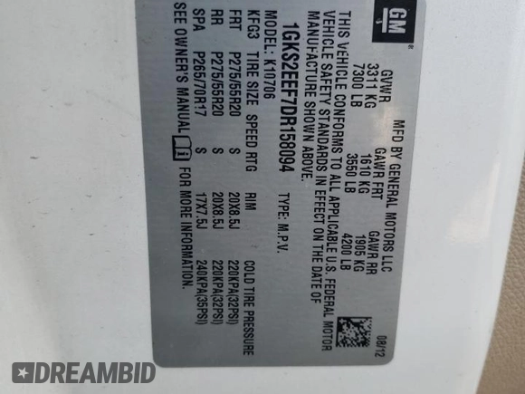 2013 GMC Yukon Denali with VIN 1GKS2EEF7DR158094, listed as a Copart auction lot 66807514 with 245,911 mi miles and Non Repairable. Bid and sale history available at carsss.com. Image 13.