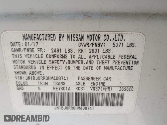 2017 Infiniti QX50 with VIN JN1BJ0RR0HM408741, listed as a IAAI auction lot 42031644 with 121,363 mi miles and . Bid and sale history available at DreamBid. Image 9.