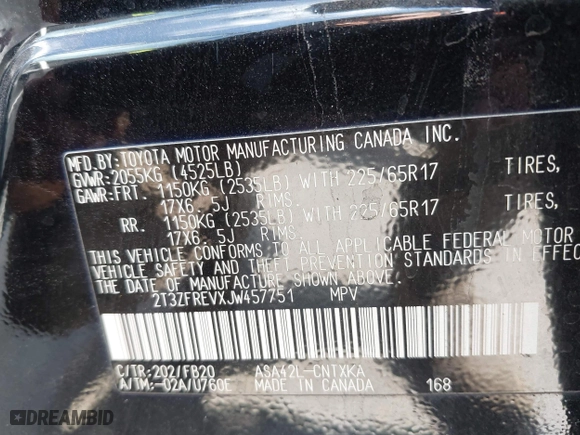 2018 Toyota RAV4 LE with VIN 2T3ZFREVXJW457751, listed as a IAAI auction lot 41529251 with 230,054 mi miles. Bid and sale history available at carsss.com. Image 9.