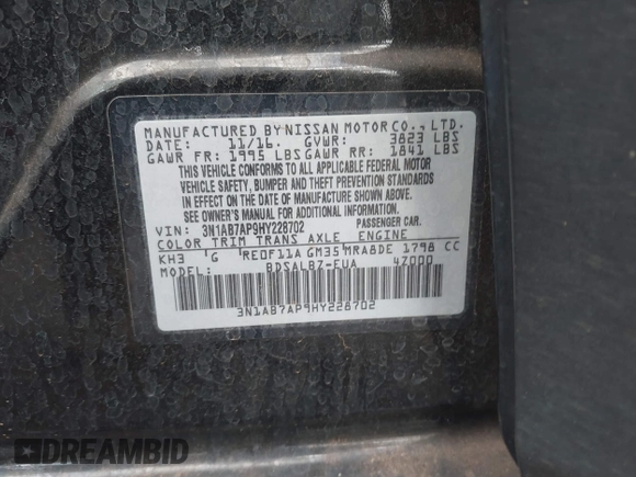2017 Nissan Sentra S with VIN 3N1AB7AP9HY228702, listed as a IAAI auction lot 42303872 with 45,479 mi miles and . Bid and sale history available at DreamBid. Image 9.