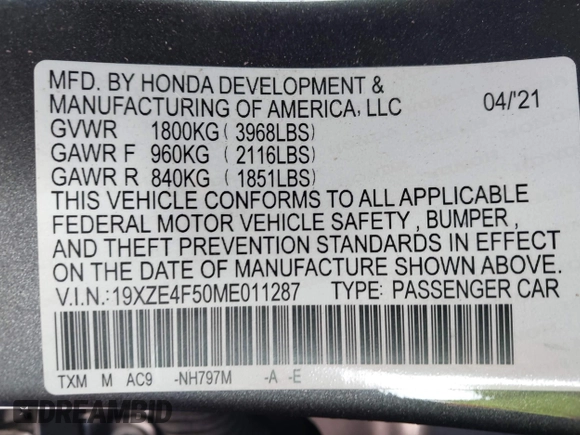 2021 Honda Insight EX with VIN 19XZE4F50ME011287, listed as a IAAI auction lot 42015058 with 79,530 mi miles and . Bid and sale history available at carsss.com. Image 9.