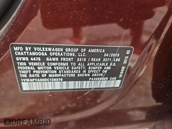 2013 Volkswagen Passat S with VIN 1VWAP7A30DC126376, listed as a Copart auction lot 65476255 with 144,933 mi miles and Clean title. Bid and sale history available at DreamBid. Image 10.