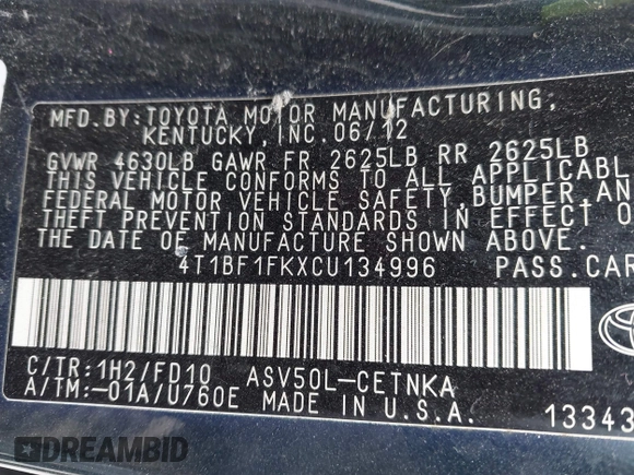 2012 Toyota Camry L with VIN 4T1BF1FKXCU134996, listed as a IAAI auction lot 42054535 with 185,391 mi miles. Bid and sale history available at carsss.com. Image 9.