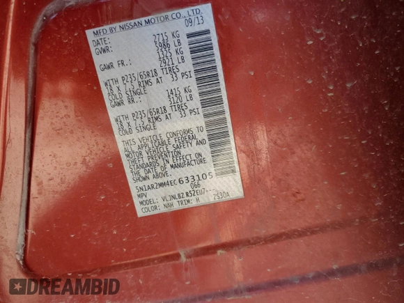 2014 Nissan Pathfinder S with VIN 5N1AR2MM4EC633105, listed as a Copart auction lot 56844185 with 217,994 mi miles and Salvage title. Bid and sale history available at DreamBid. Image 13.