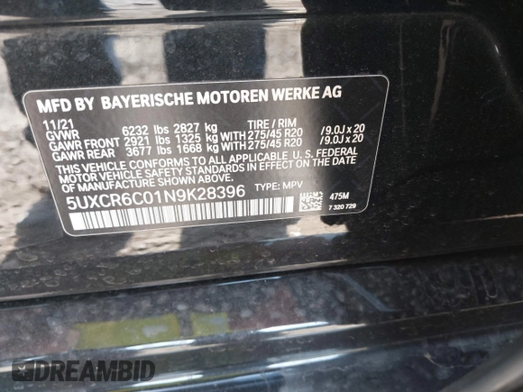 2022 BMW X5 xDrive40i with VIN 5UXCR6C01N9K28396, listed as a IAAI auction lot 42242778 with 43,350 mi miles and . Bid and sale history available at DreamBid. Image 9.