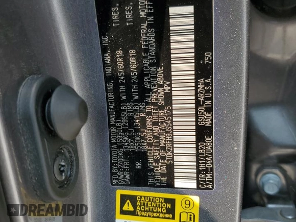 2018 Toyota Highlander SE with VIN 5TDKZRFH9JS545175, listed as a Copart auction lot 59377945 with 214,242 mi miles and Salvage title. Bid and sale history available at DreamBid. Image 12.