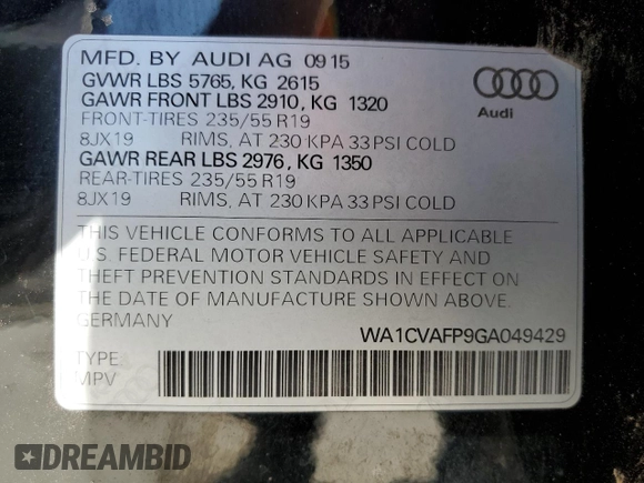 2016 Audi Q5 Premium Plus with VIN WA1CVAFP9GA049429, listed as a Copart auction lot 61677225 with 43,313 mi miles and Salvage title. Bid and sale history available at DreamBid. Image 13.