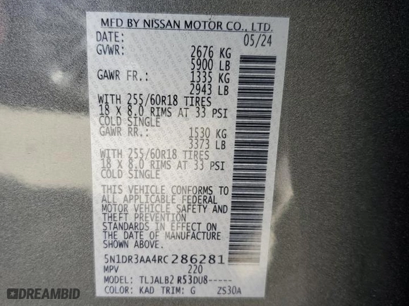 2024 Nissan Pathfinder S with VIN 5N1DR3AA4RC286281, listed as a Copart auction lot 54381925 with 16,150 mi miles and Salvage Title. Bid and sale history available at carsss.com. Image 13.
