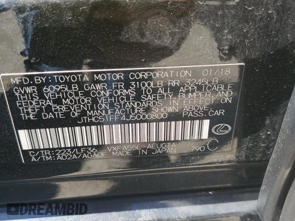 2018 Lexus LS 500 with VIN JTHC51FF4J5000800, listed as a Copart auction lot 54574675 with Not provided miles and Salvage title. Bid and sale history available at DreamBid. Image 13.