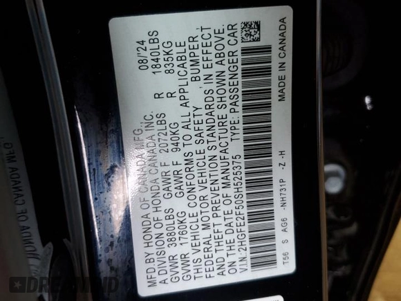 2025 Honda Civic Sport with VIN 2HGFE2F50SH525375, listed as a Copart auction lot 55167865 with 6,949 mi miles and Salvage title. Bid and sale history available at DreamBid. Image 12.