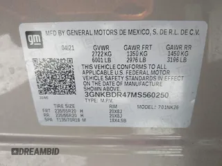 2021 Chevrolet Blazer LT z VIN 3GNKBDR47MS560250, wystawiony jako IAAI lot #41863483 z przebiegiem 69 207 mil mil oraz . Historia ofert i sprzedaży dostępna na DreamBid. Obrazek 9.