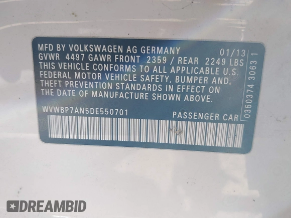 2013 Volkswagen CC Sport Plus с VIN WVWBP7AN5DE550701, выставлен на аукционе IAAI как лот 41791421 с пробегом 124 503 миль миль и . История ставок и продаж доступна на DreamBid. Изображение 9.