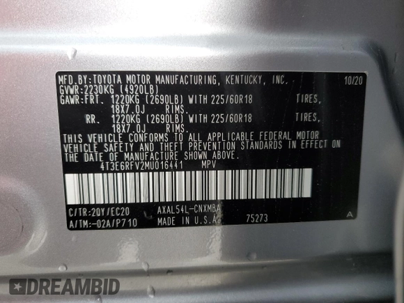 2021 Toyota RAV4 Hybrid XSE with VIN 4T3E6RFV2MU016441, listed as a Copart auction lot 57090975 with 69,304 mi miles and Salvage title. Bid and sale history available at DreamBid. Image 13.