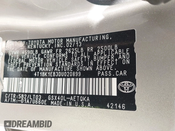 2013 Toyota Avalon XLE with VIN 4T1BK1EB3DU020899, listed as a IAAI auction lot 41918300 with 110,758 mi miles and . Bid and sale history available at DreamBid. Image 9.