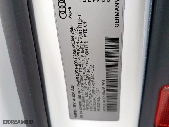 2024 Audi A5 Sportback S line Premium with VIN WAUDACF55RA081956, listed as a Copart auction lot 45526665 with 8,015 mi miles and Salvage Title. Bid and sale history available at carsss.com. Image 13.