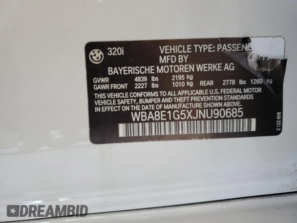 2018 BMW 3 Series 320i with VIN WBA8E1G5XJNU90685, listed as a Copart auction lot 84178894 with 84,614 mi miles and Salvage Title. Bid and sale history available at DreamBid. Image 12.
