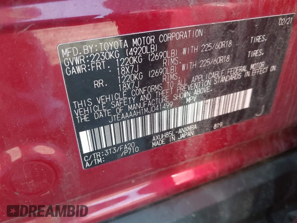 2021 Toyota Venza LE z VIN JTEAAAAH1MJ041499, wystawiony jako IAAI lot #42203730 z przebiegiem 71 660 mil mil oraz . Historia ofert i sprzedaży dostępna na DreamBid. Obrazek 9.