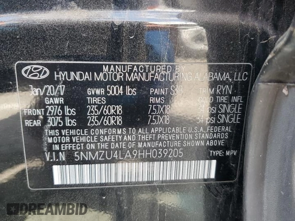 2017 Hyundai Santa Fe Sport 2.0T with VIN 5NMZU4LA9HH039205, listed as a Copart auction lot 51865695 with 176,842 mi miles and Clean Title. Bid and sale history available at carsss.com. Image 13.