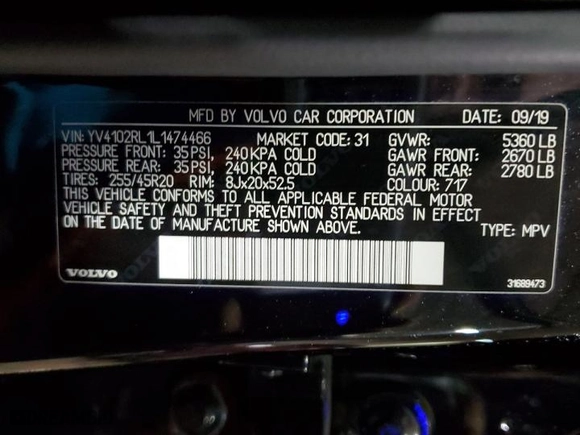 2020 Volvo XC60 Inscription with VIN YV4102RL1L1474466, listed as a Copart auction lot 43901535 with 53,153 mi miles and Non Repairable. Bid and sale history available at carsss.com. Image 13.