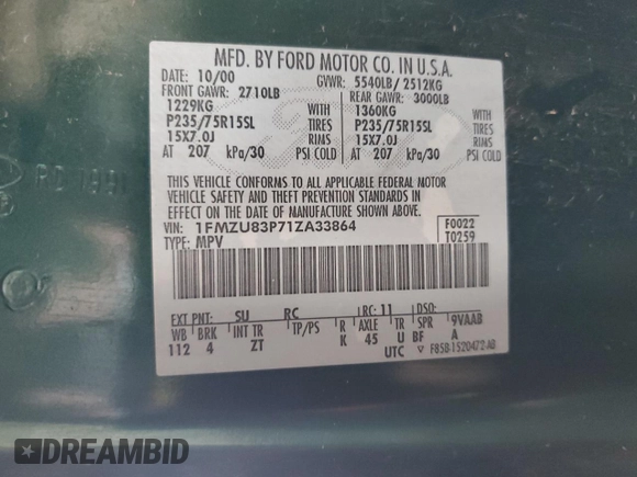 2001 Ford Explorer XLT with VIN 1FMZU83P71ZA33864, listed as a Copart auction lot 80287744 with 204,581 mi miles and Salvage title. Bid and sale history available at DreamBid. Image 12.