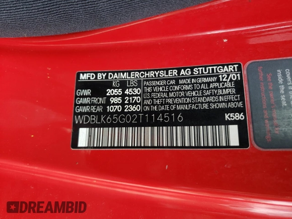 2002 Mercedes-Benz CLK 320/430 with VIN WDBLK65G02T114516, listed as a Copart auction lot 70672914 with 51,844 mi miles and Salvage Title. Bid and sale history available at DreamBid. Image 12.