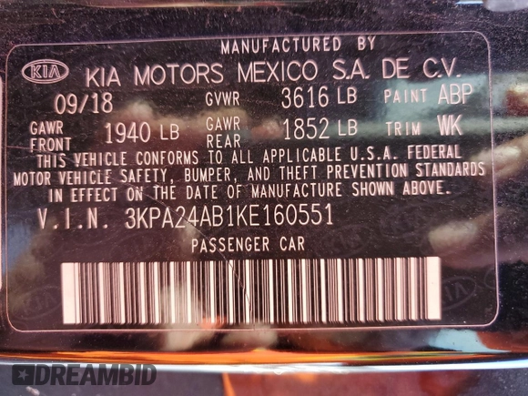 2019 Kia Rio S with VIN 3KPA24AB1KE160551, listed as a Copart auction lot 51645515 with 134,800 mi miles and Salvage Title. Bid and sale history available at DreamBid. Image 15.