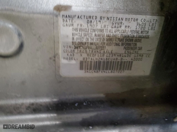 2020 Nissan Versa SR with VIN 3N1CN8FV4LL807227, listed as a Copart auction lot 88811855 with 0 mi miles and Salvage Title. Bid and sale history available at carsss.com. Image 14.